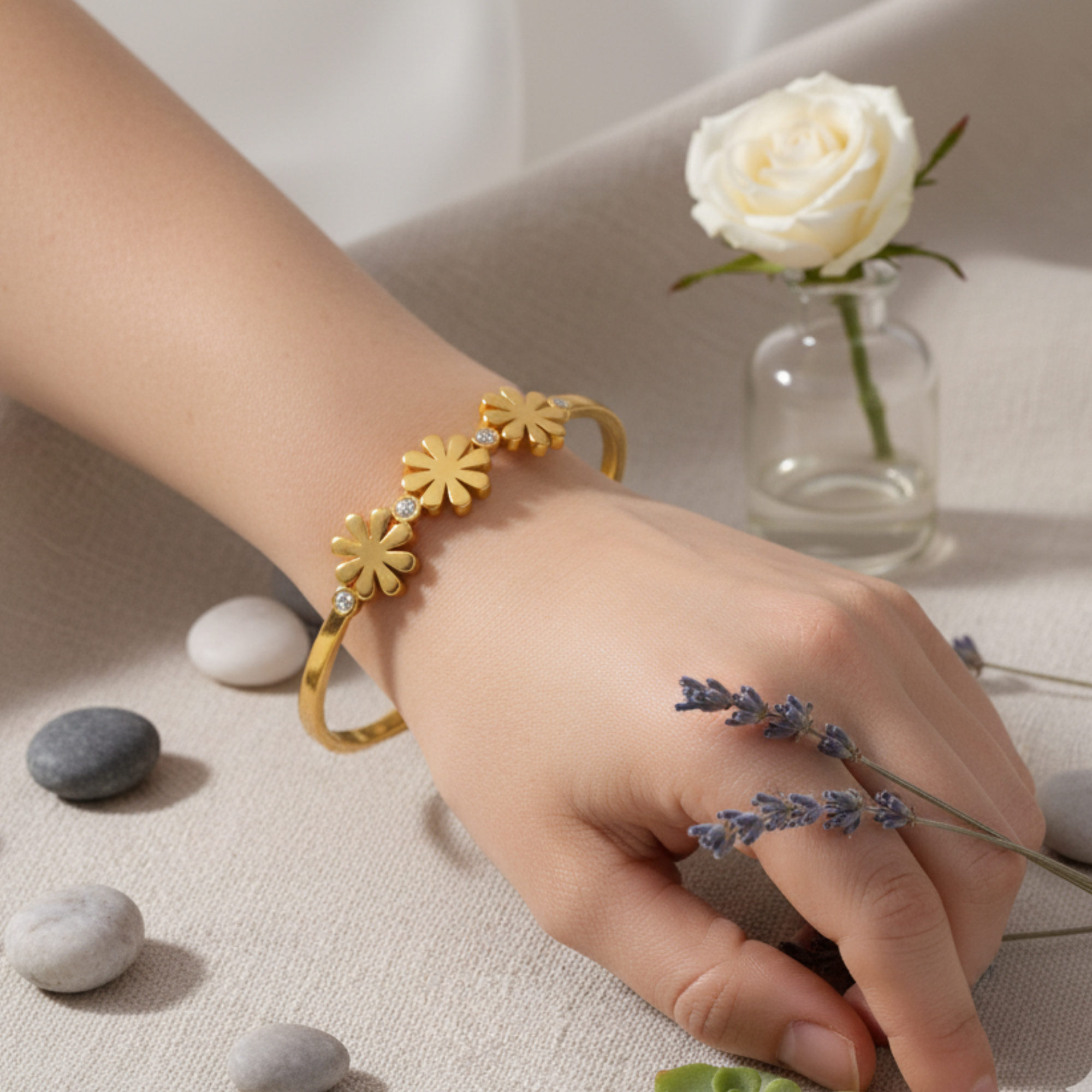 Gold Bangle with Dazzling Flower Accents