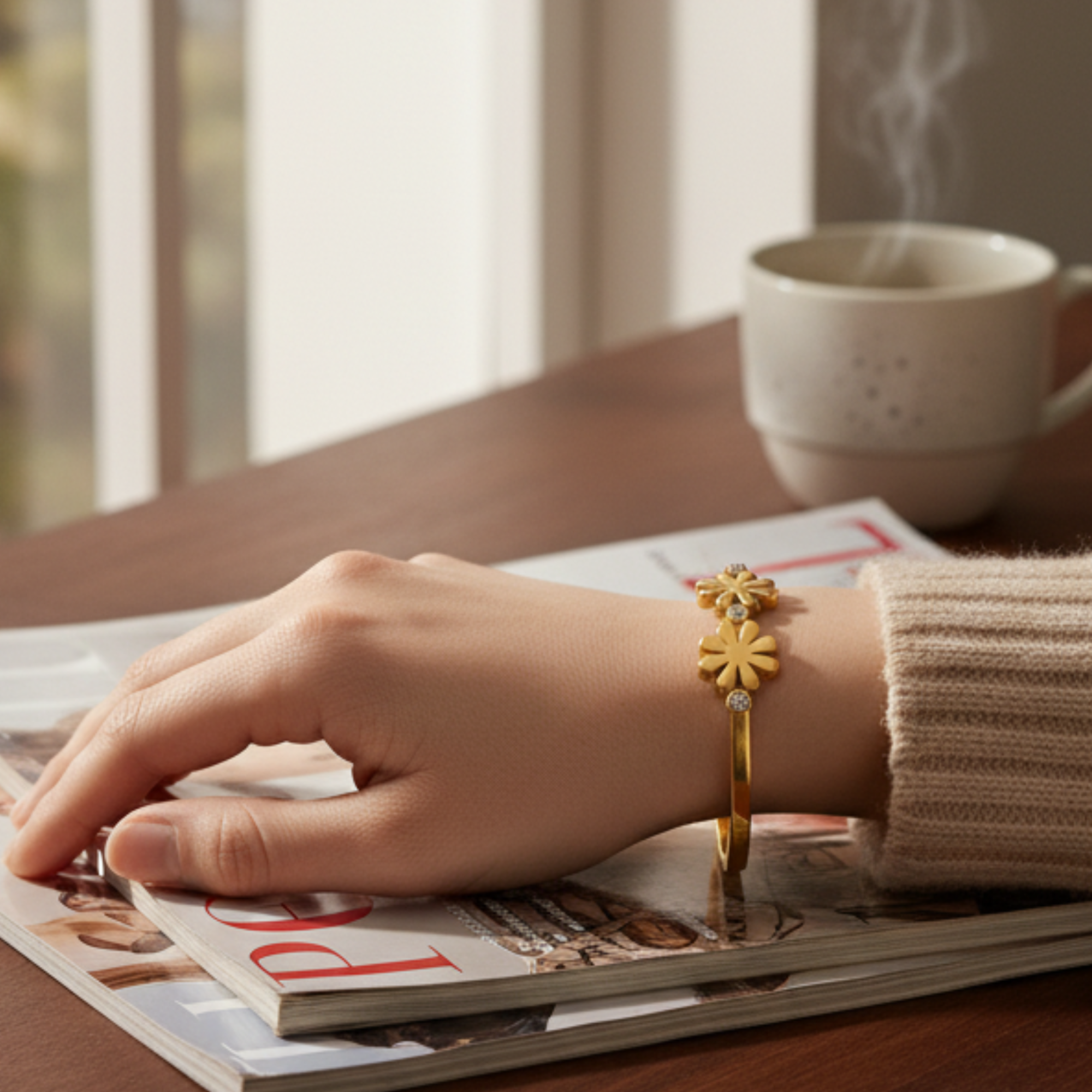 Gold Bangle with Dazzling Flower Accents
